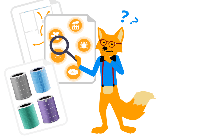 Die 4  unterschiedlich farbigen, walzenförmigen Filtereinheiten von den Xiaomi Mi Air Purifier Modellen stehen nebeneinander und der Smart-Home-Fox Experte untersucht sie nach verschiedenen Kriterien